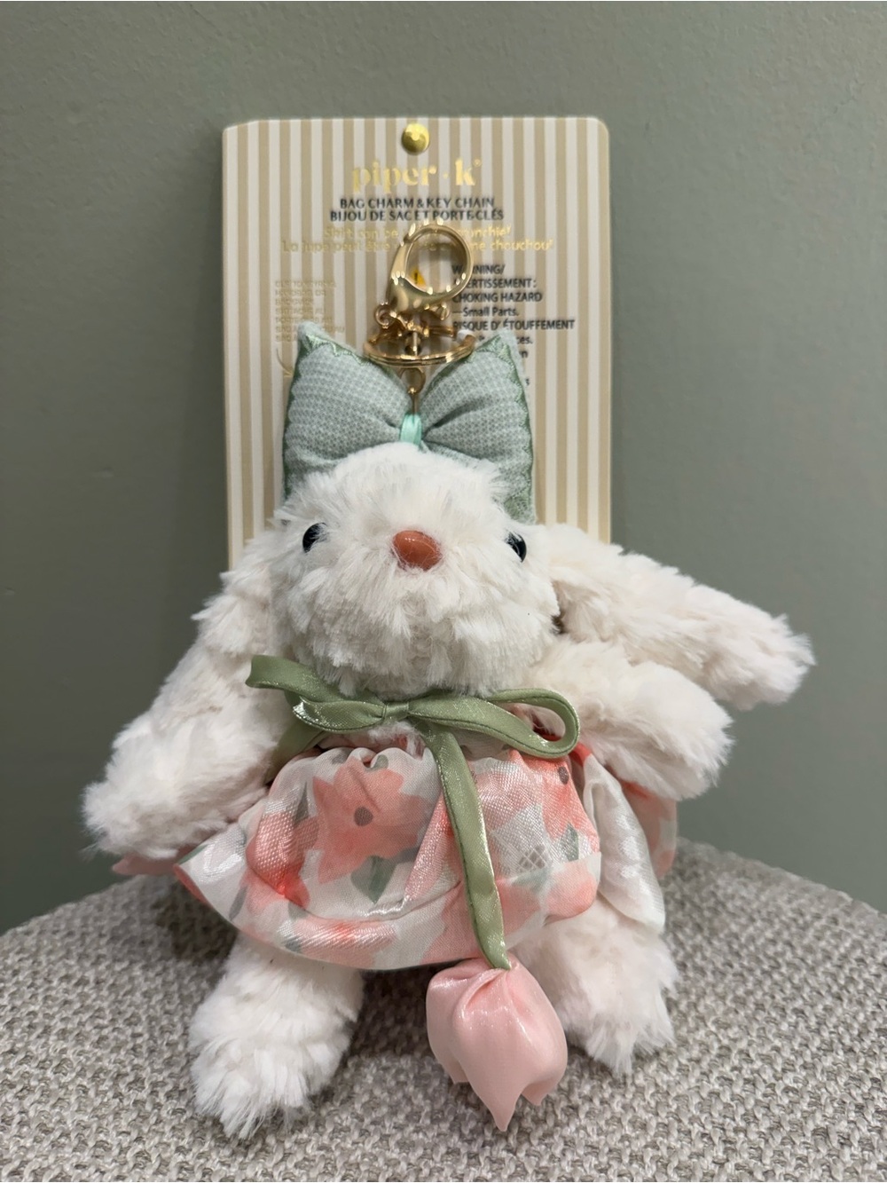 🐰 Piper K Cream Bunny Keychain with Floral Dress and Mint Bow